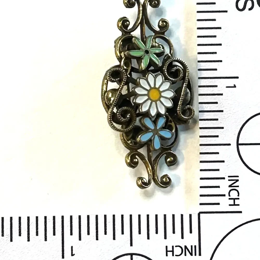 Vintage Stacked Filigree Enamel Daisy Flowers Brooch Pin‎